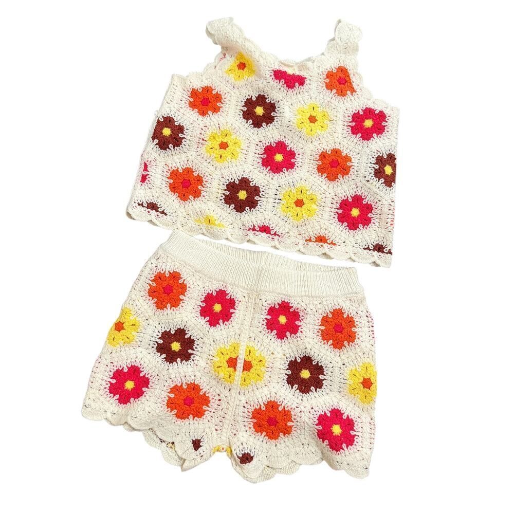 Primark Girls 4-5 Crochet Knit Flower Top Shorts Set Boho Summer Outfit